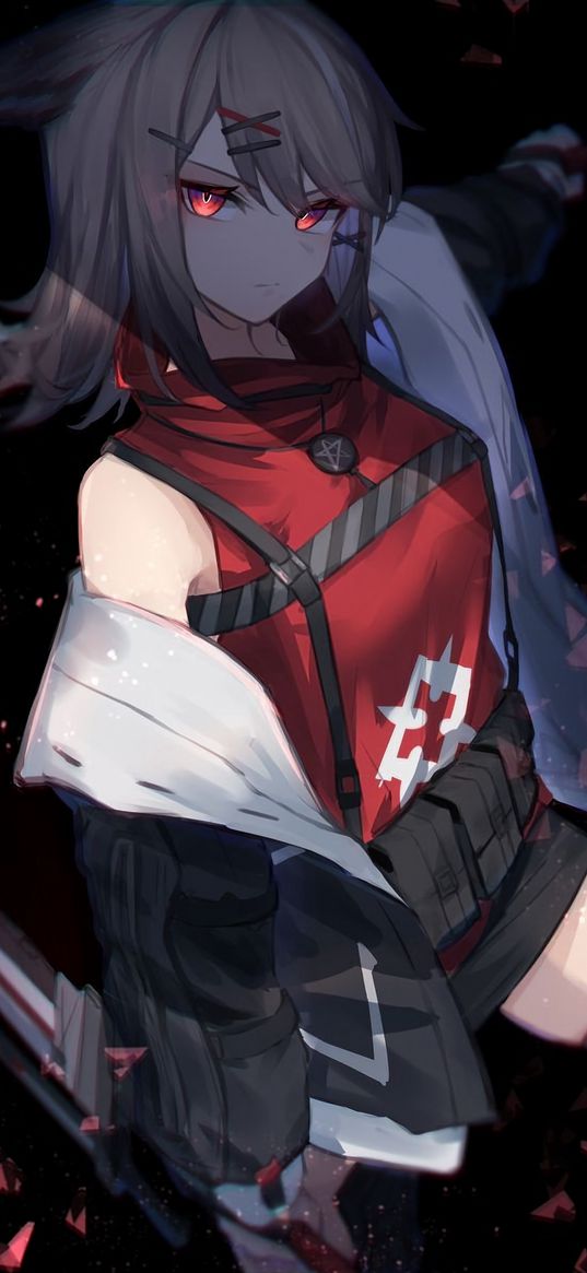 cutter, arknights, game, anime, girl, red eyes, hairpin, jacket, dark, art