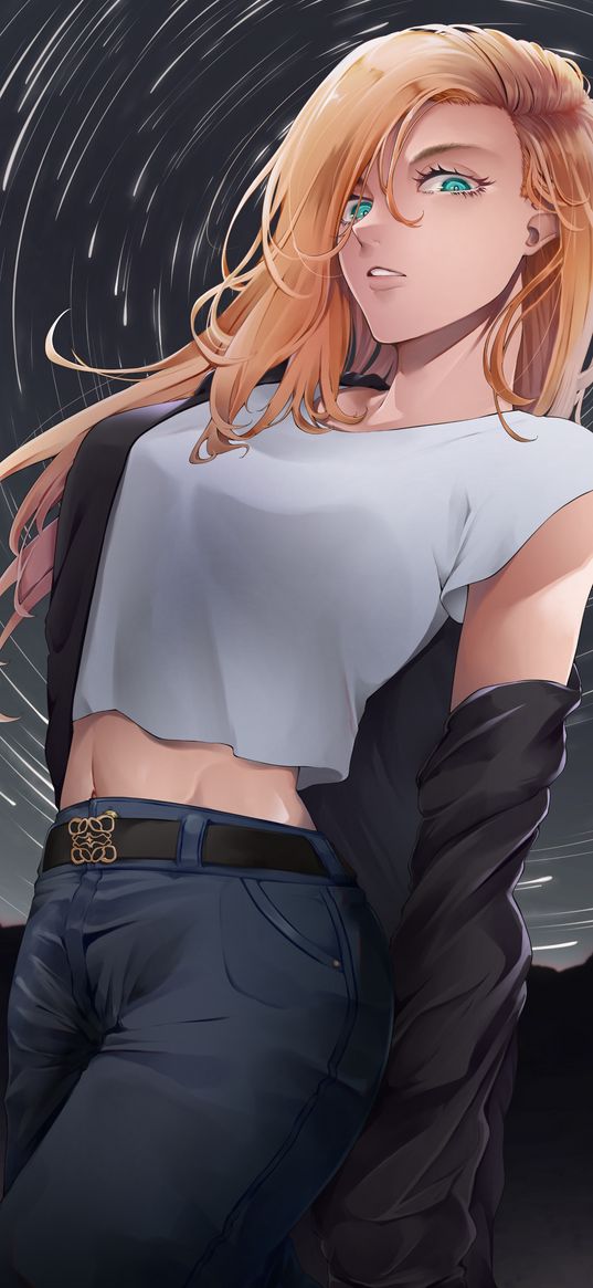 blonde, girl, green eyes, t-shirt, jacket, jeans, look, stars, timelapse, anime, art