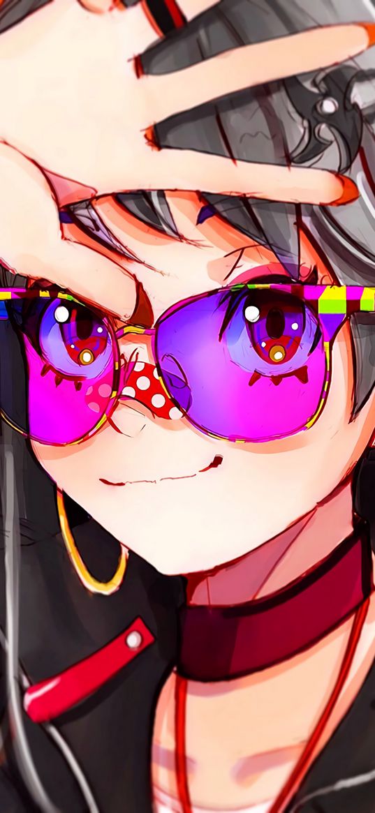 girl, sunglasses, smile, hand, anime