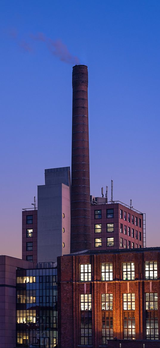 buildings, windows, lights, pipe, twilight, city