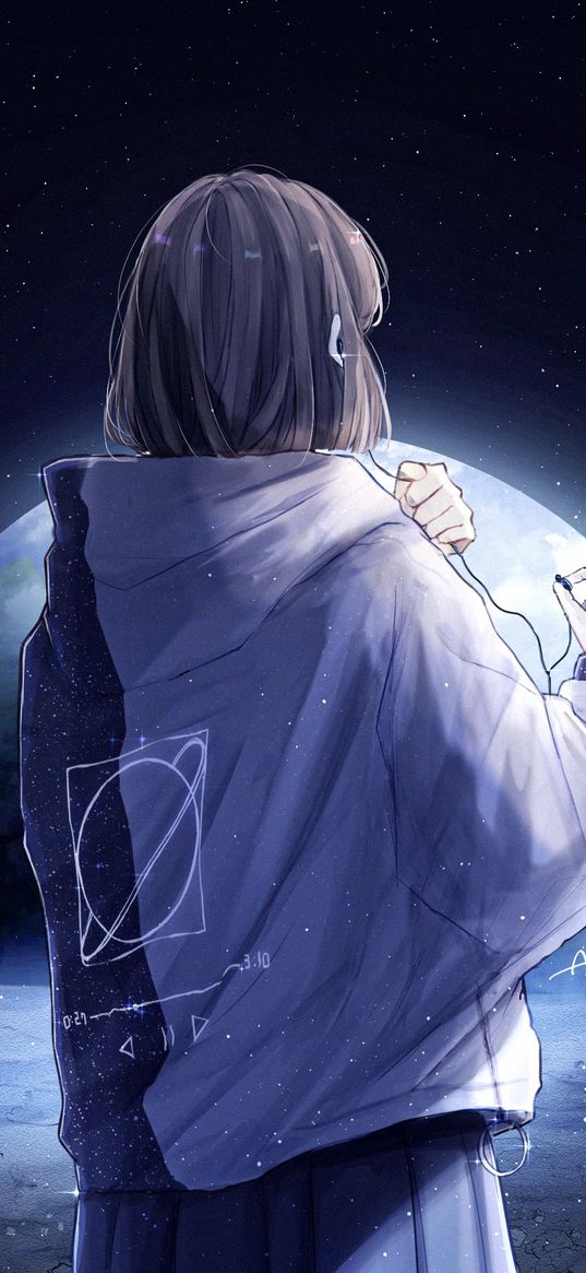 girl, hoodie, headphones, planet, stars, space, art