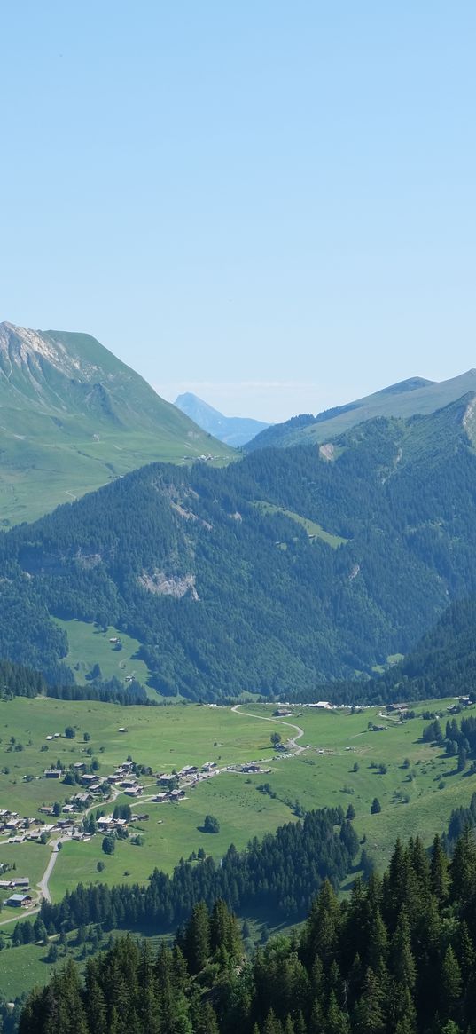 mountains, slopes, valley, houses, trees