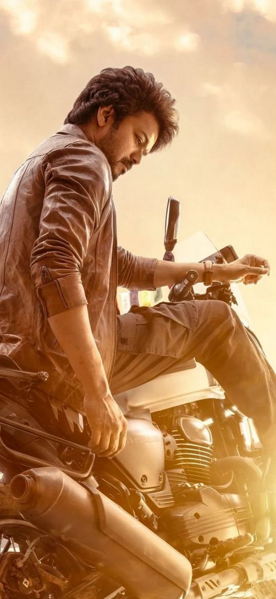 vijay, actor, bollywood, motorcycle, sunset, poster