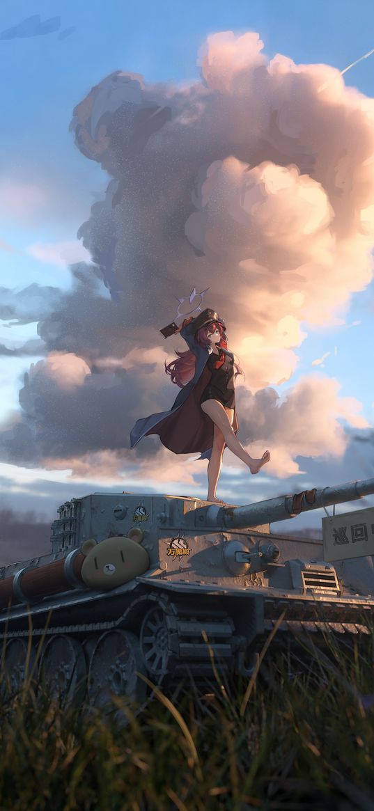 iroha, blue archive, anime, girl, game, art, tank, sky, clouds