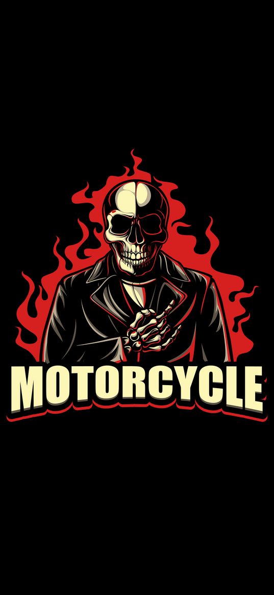 skeleton, jacket, fire, flame, red, inscription, motorcycle, black background, art