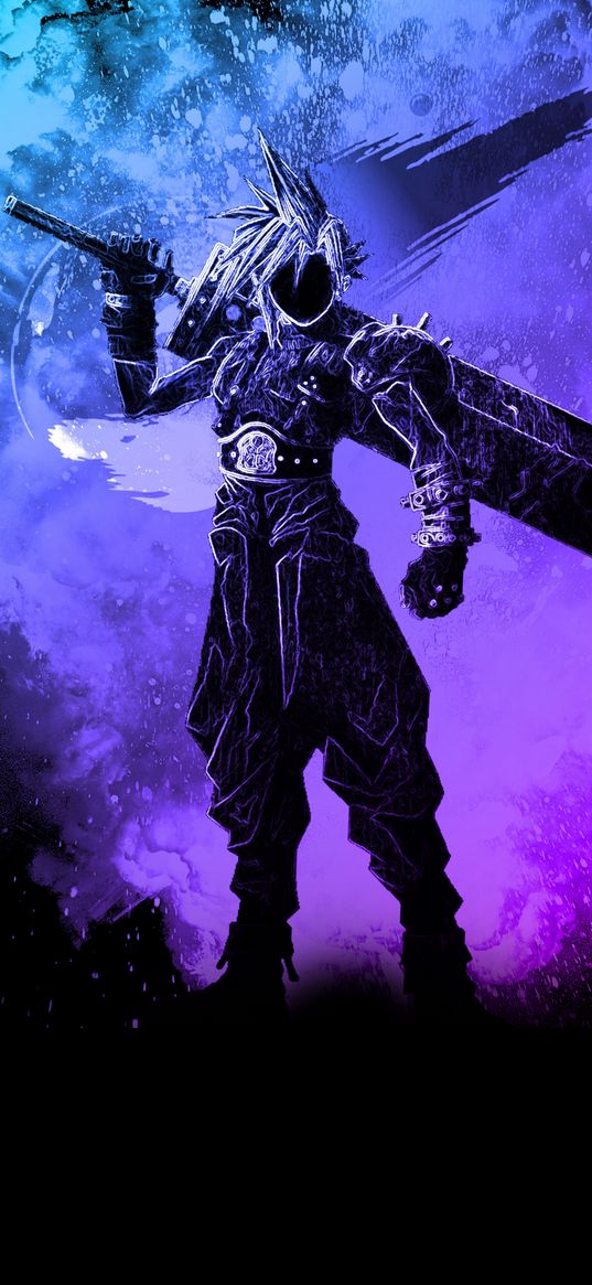 boy, warrior, sword, planet, colors, purple, black, art