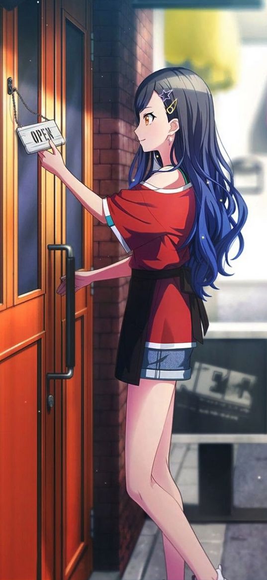 girl, anime, art, door, signboard