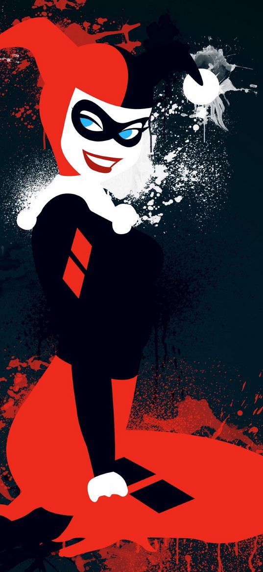 harley quinn, dc comics, costume, paint, spots, red, white, black, art