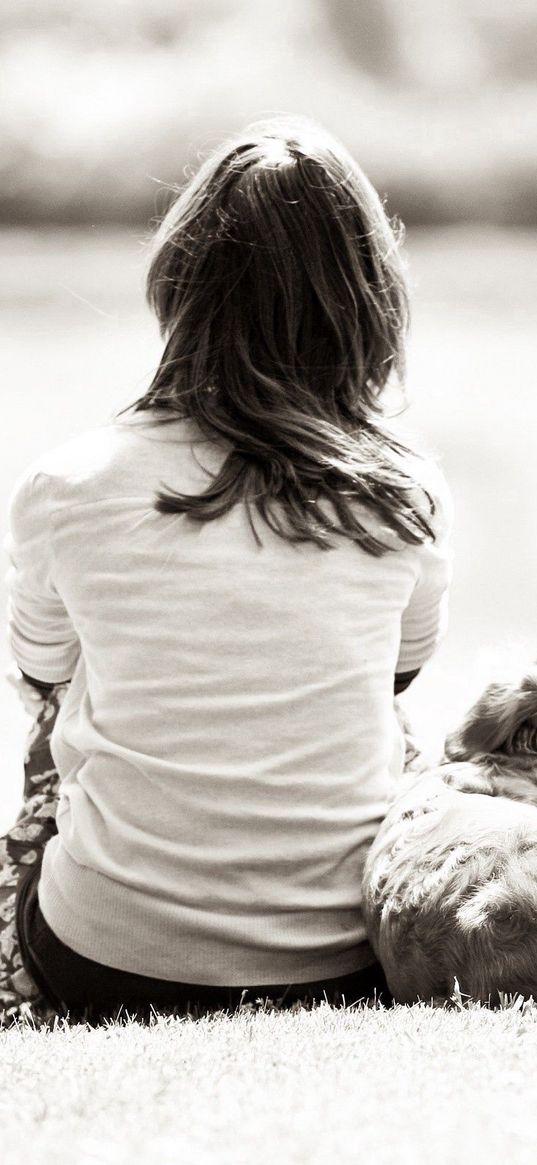 girl, dog, nature, black white, walk, back