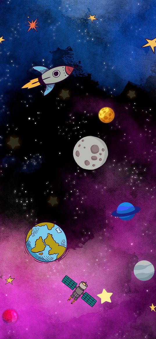 earth, moon, rocket, satellite, planets, stars, solar system, cosmos, art