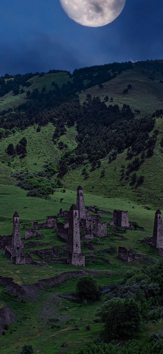 targim, ingushetia, towers, castle, ruins, trees, hills, moon, clouds, night, nature