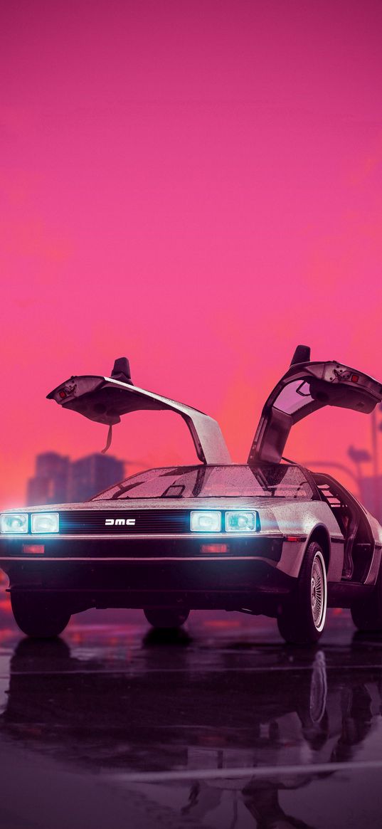 delorean dmc-12, dmc, car, back to the future, city, sunset, digital art