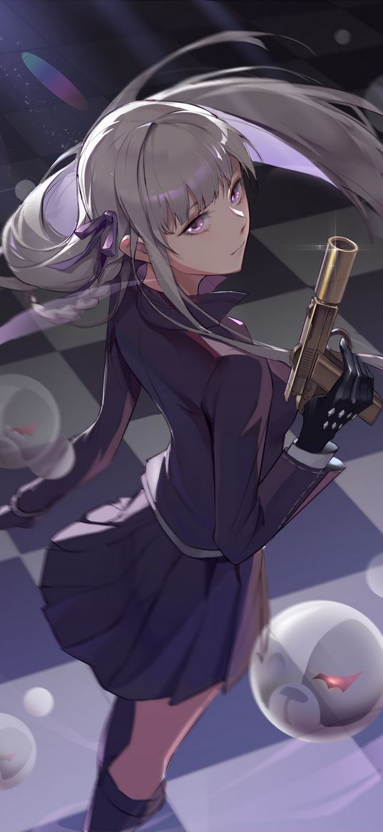 kirigiri kyouko, danganronpa, anime, girl, purple eyes, gun, skirt, balls, art