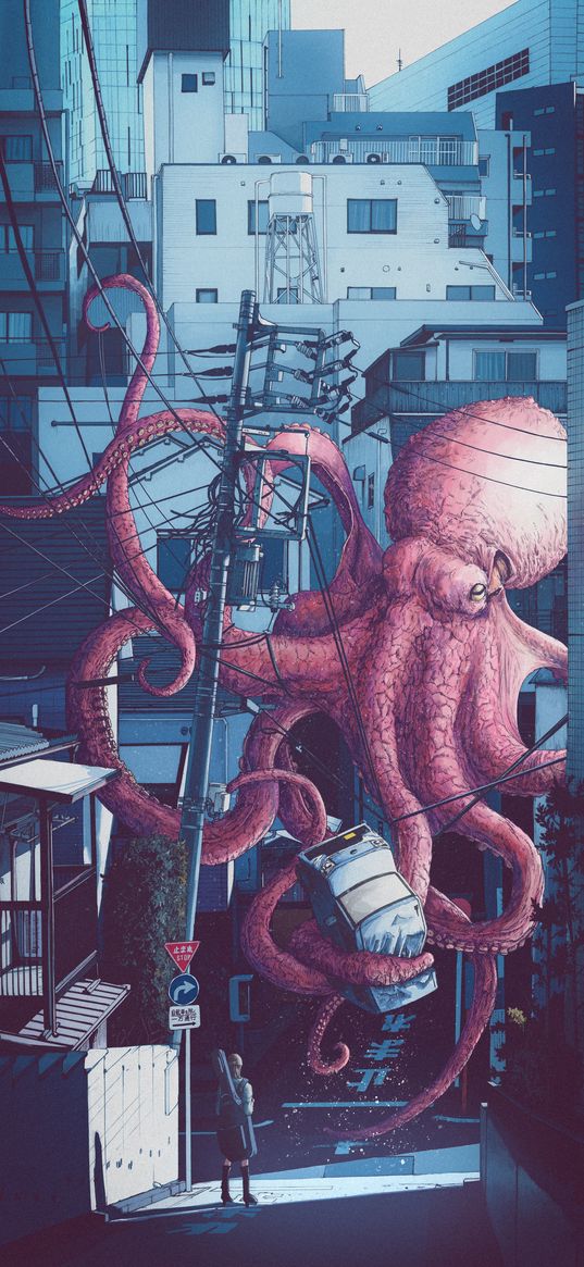 octopus, huge, monster, girl, car, houses, street, city, anime, art