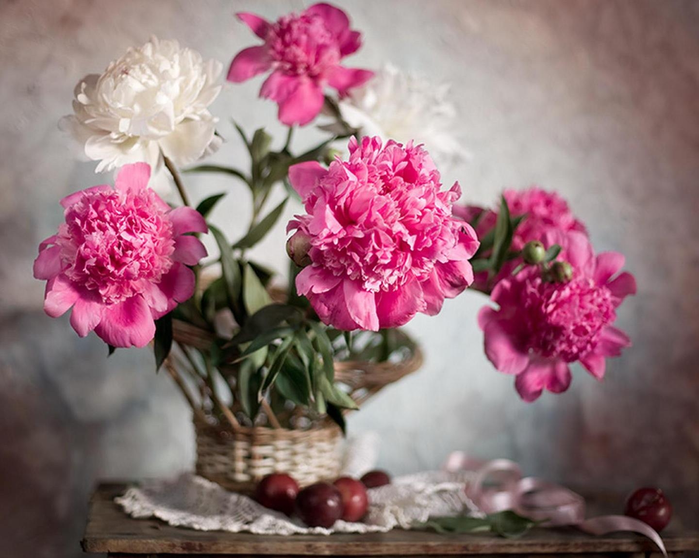 peonies, flowers, bouquet, basket, ribbon, blurring