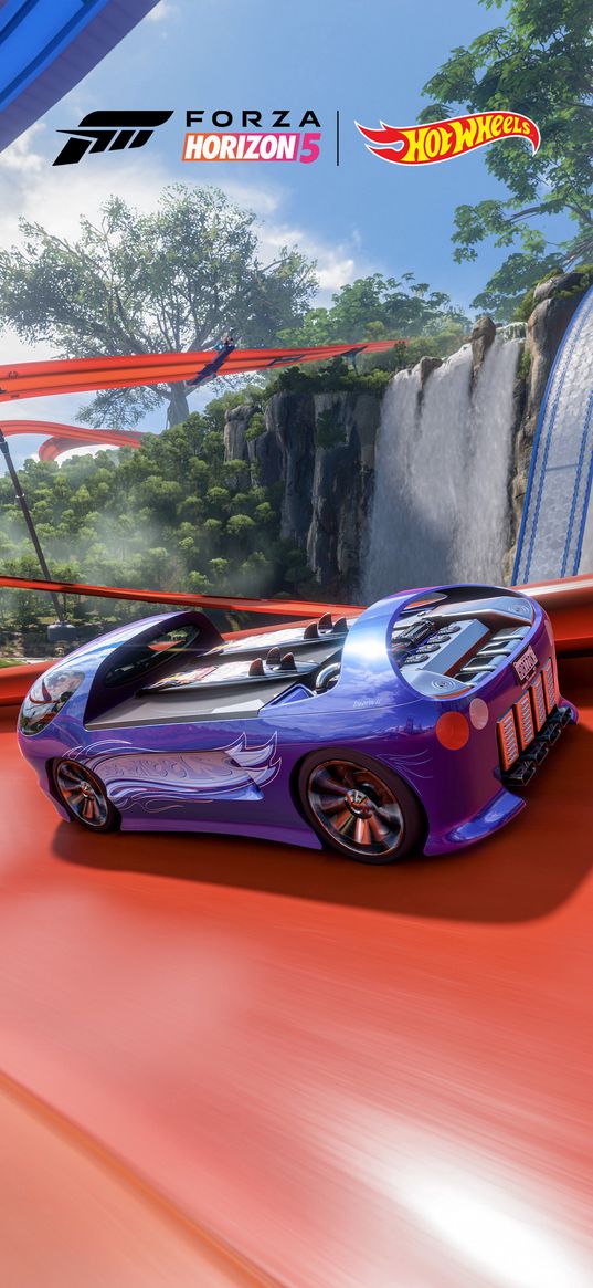 forza horizon, game, car, blue, truck, waterfall, hot wheels