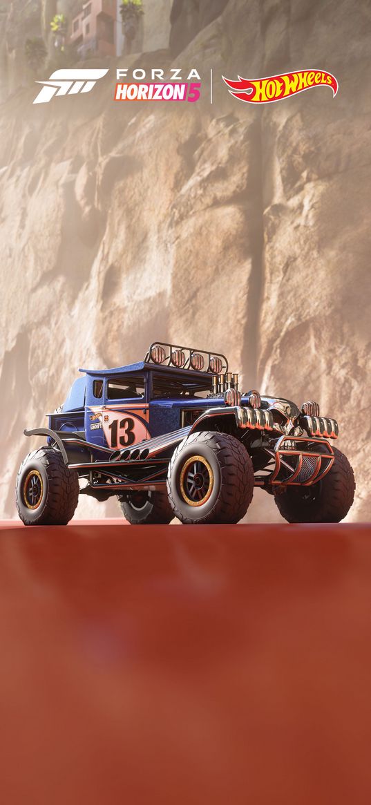 forza horizon, game, car, blue, rock, hot wheels