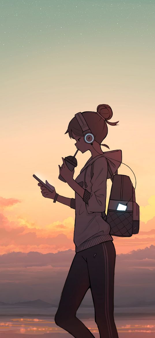 girl, anime, art, sport style, backpack, phone, headphones, drink