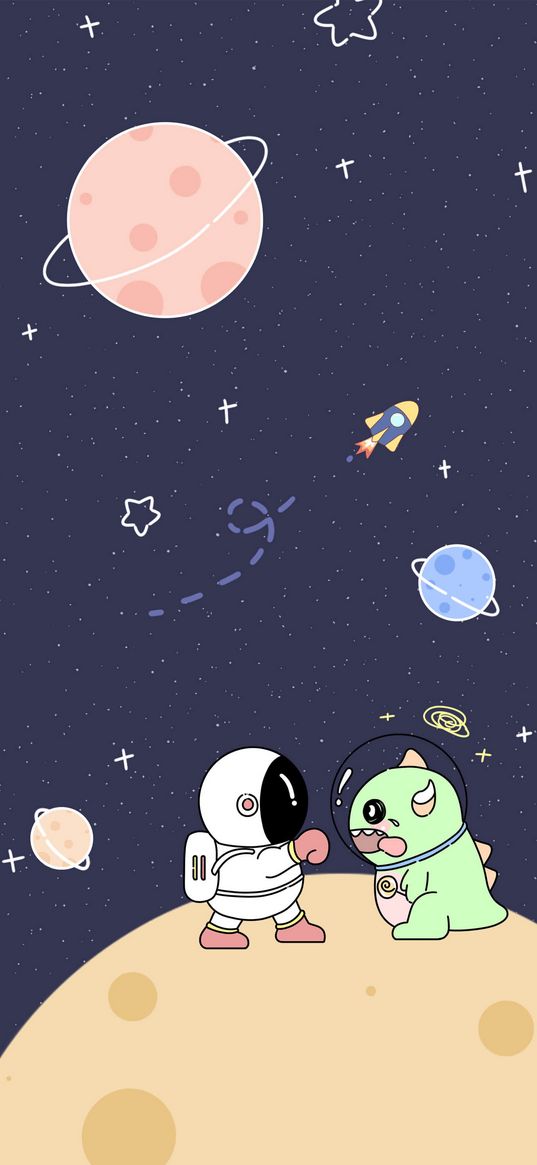 cosmonaut, astronaut, dinosaur, space, moon, planets, spaceship, art