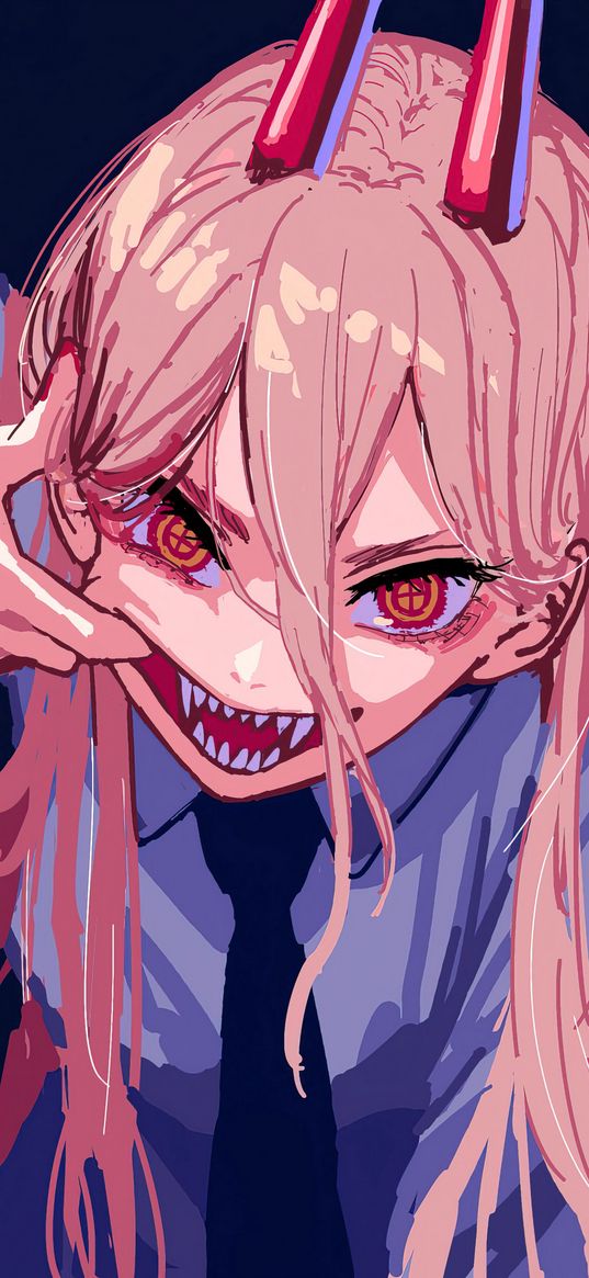 power, chainsaw man, anime, girl, horns, grin, teeth, art