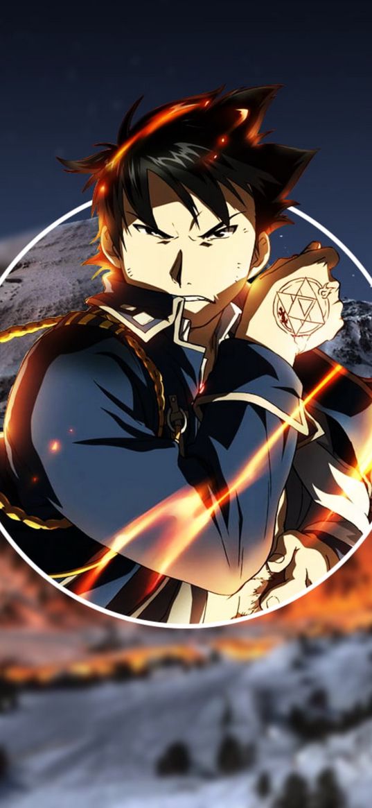 roy mustang, fullmetal alchemist, anime, character, mountains, art