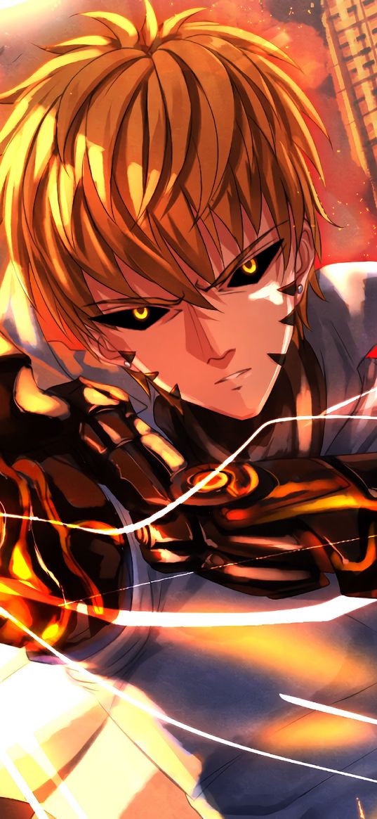 genos, one punch-man, anime, character, cyborg, attack, hand