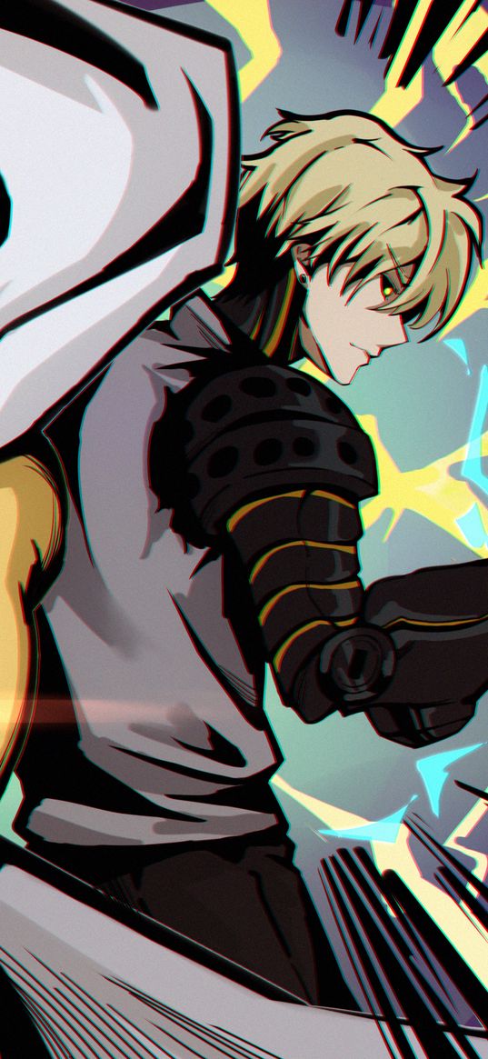 genos, one punch-man, anime, character, cyborg, lightning