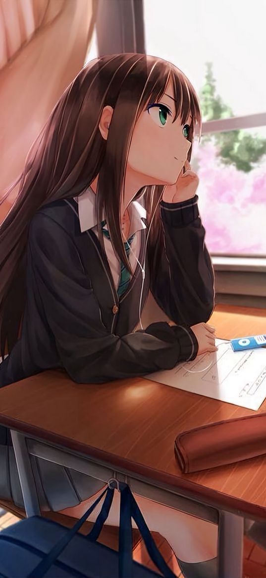 girl, anime, art, desk, player, headphones, window