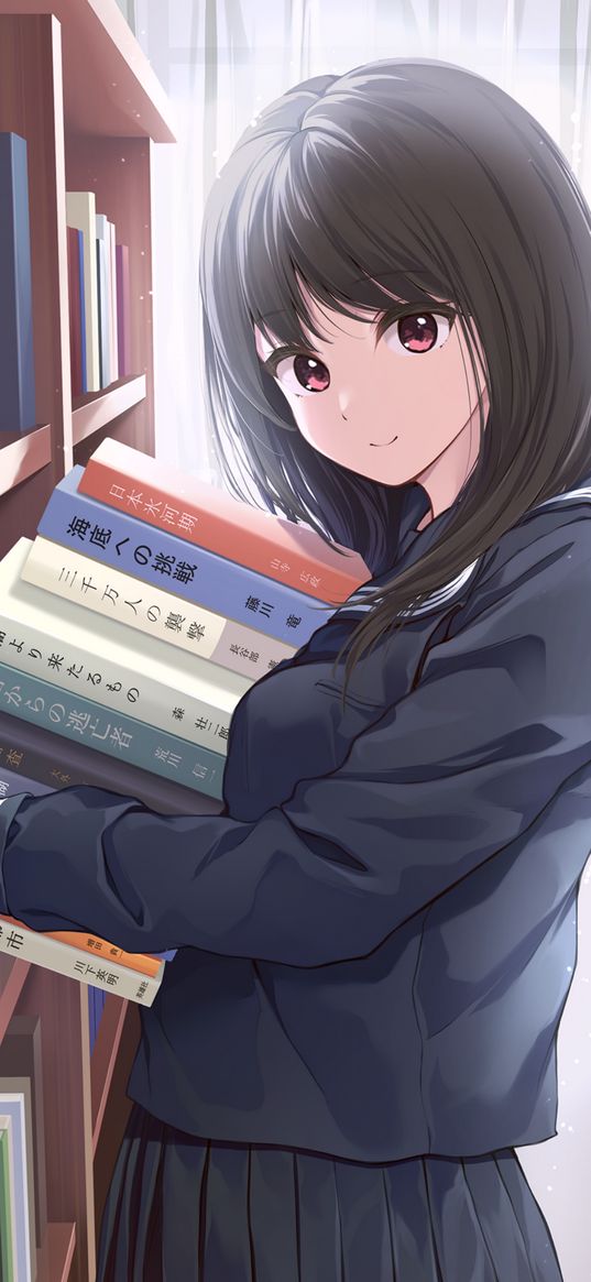 girl, anime, art, schoolgirl, books, library