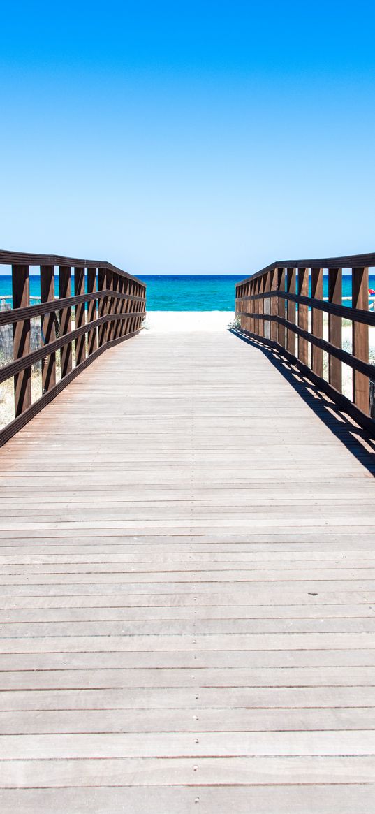 bridge, boards, beach, sea