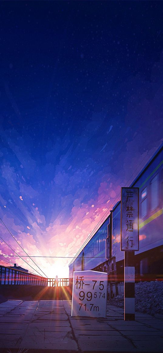 girl, train, station, signs, sun, sunset, anime, art