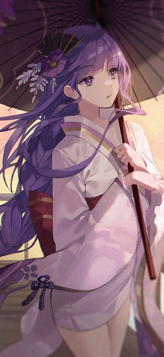 shogun raiden, genshin impact, game, anime, girl, purple hair, kimono, umbrella, balcony, beautiful, art