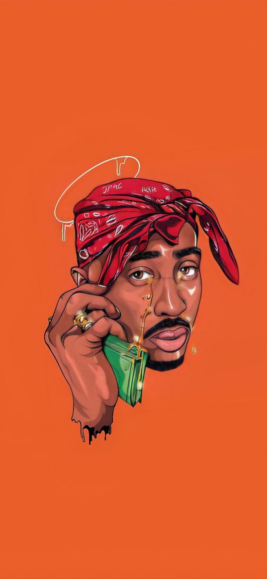 tupac shakur, rapper, rap, bandana, dollars, money, halo, tears, orange background