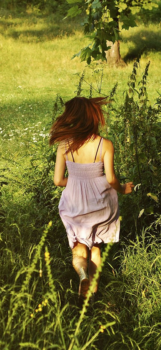 girl, green, summer, grass, runs