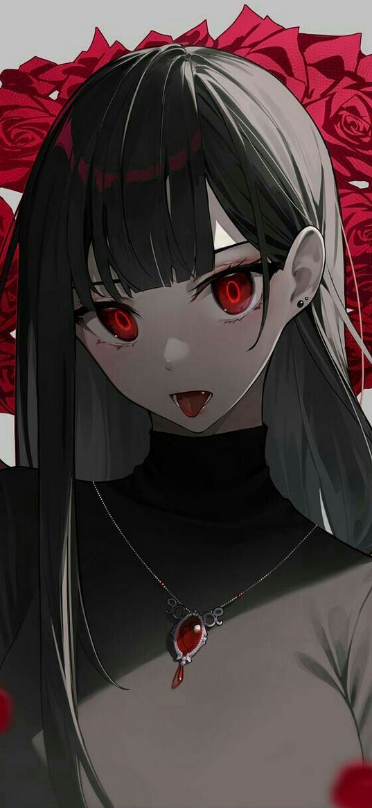 vampire, girl, red eyes, fangs, pendant, roses, anime, art