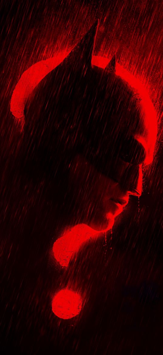 batman, superhero, dc, man, mask, question mark, rain, black, red, poster, art