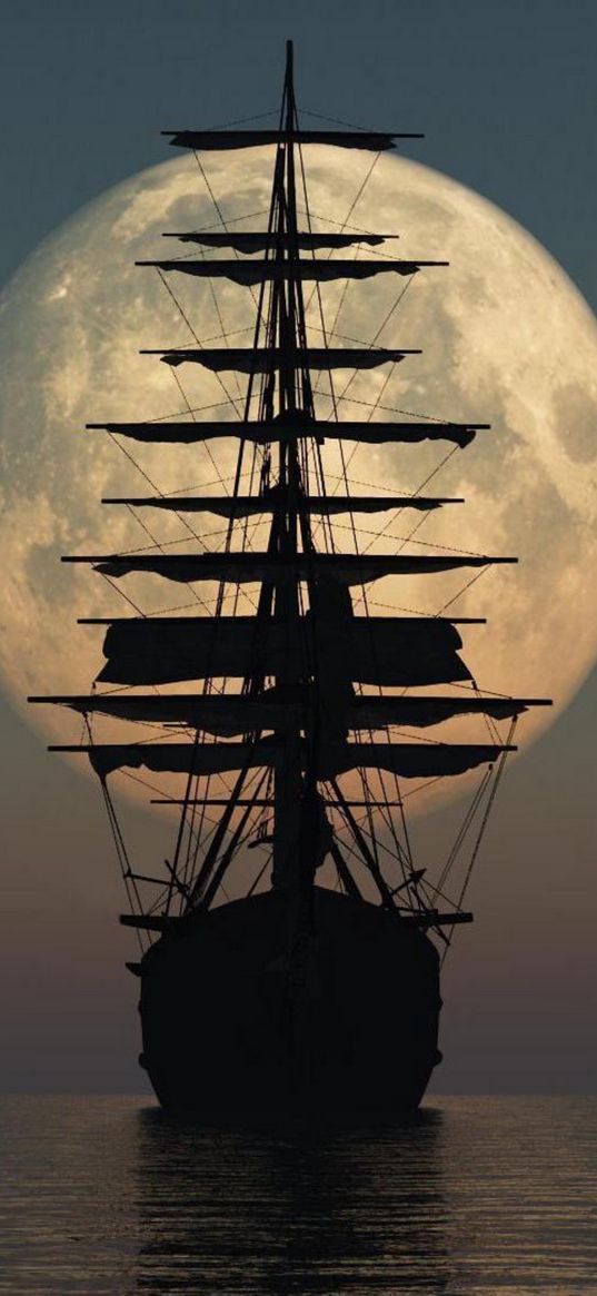 ship, moon, silhouette, sea, sails, horizon, night