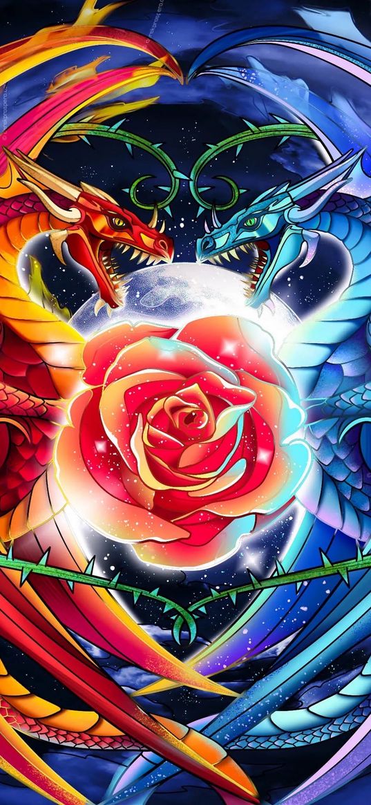 dragons, red, blue, rose, moon, thorns, art