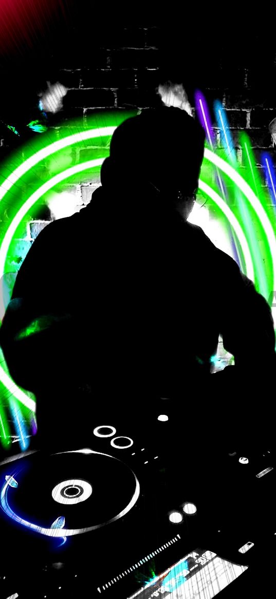 dj, silhouette, remote control, black, light, neon, blue, green