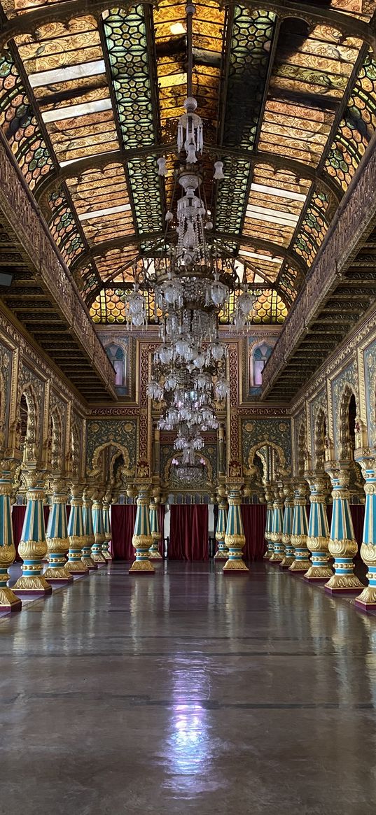 mysore palace, india, architecture, columns, painting, stained glass