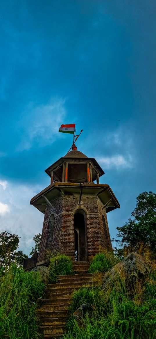 building, architecture, steps, greenery, flag, india