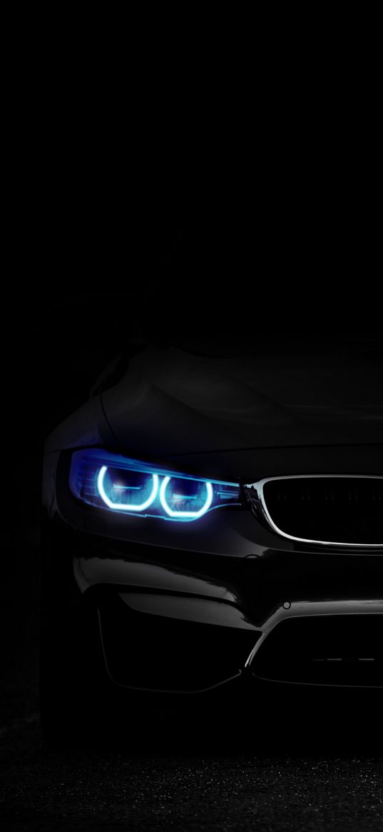 bmw, black, car, headlights, blue, light