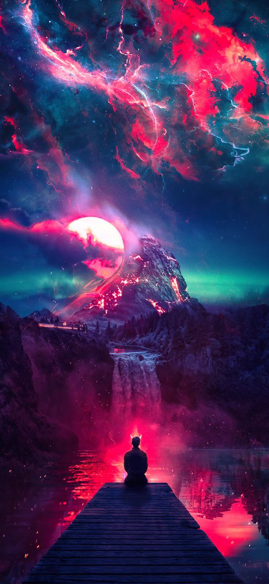 guy, horns, devil, pier, lake, waterfall, moon, mountain, clouds, lightning, red, dark, night, art