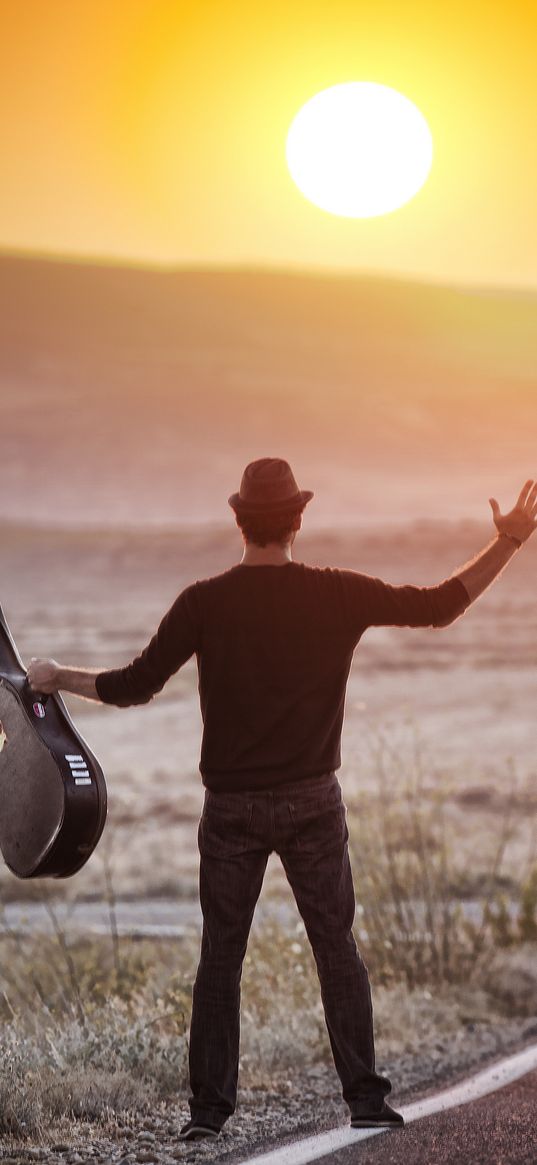 2012, camaro, chevrolet, guitar, mountain, man, landscape, nature, sun, situation