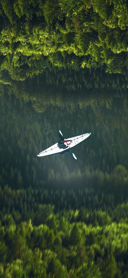 man, kayak, boat, white, river, trees, forest, green, reflection