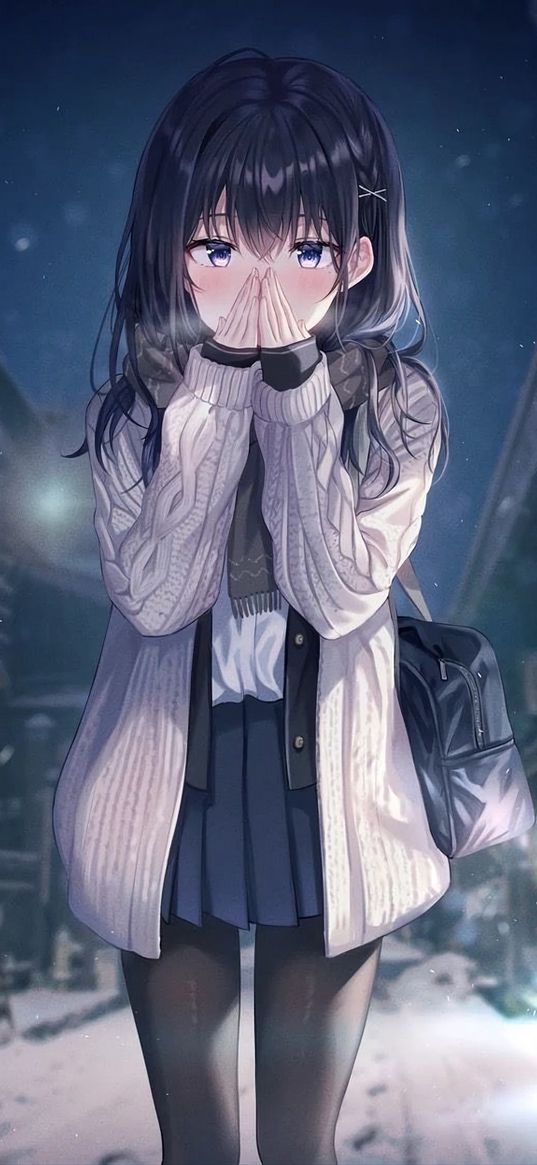 girl, anime, art, schoolgirl, bag, winter, cold