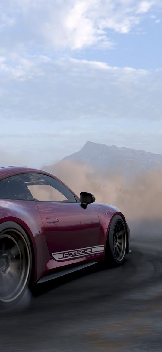 porsche, car, sport car, burgundy, smoke, mountain