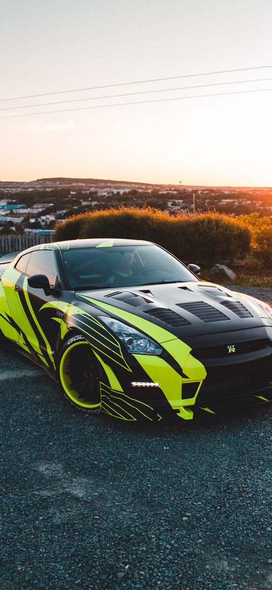 nissan gt-r, nissan, car, sport car, black, green, sunset