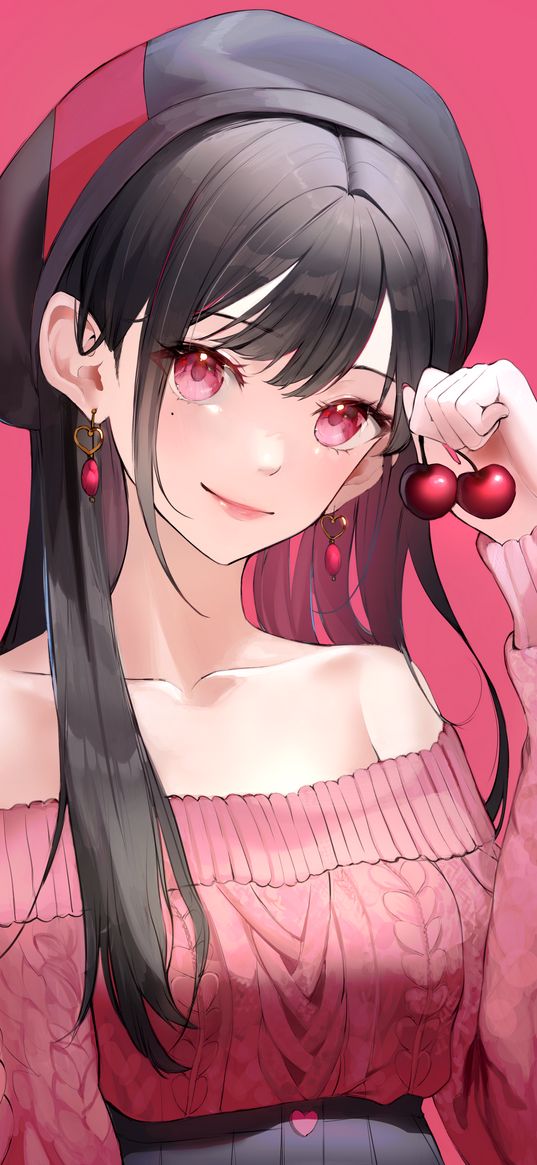 girl, anime, art, beret, sweater, cherries, black, pink