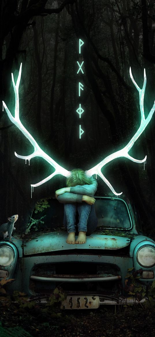 girl, car, horns, glow, hieroglyphs, sad, lonely, forest, dark, squirrel, art